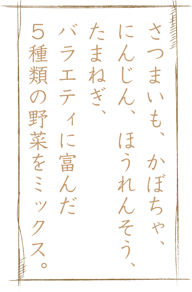 さつまいも、かぼちゃ、にんじん、ほうれんそう、たまねぎ、バラエティに富んだ５種類の野菜をミックス。